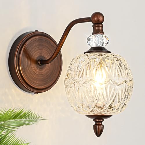 1 Piece Vintage Wall Sconce, 1-Light Mid Century Antique Red Bronze Finish Wall Sconce with Globe Glass Shade, Retro Light for Bathroom, Bedroom, Living Room,Powder Room - color: Antique Red Bronze, size: 1 Light