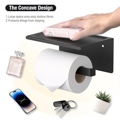 HITSLAM Toilet Paper Holder with Phone Shelf Matte Black, Adhesive or Screw Wall Mount Toilet Paper Roll Holder, Rustproof Stainless Steel Toilet Tissue Holder for Bathroom, Kitchen - color: Black