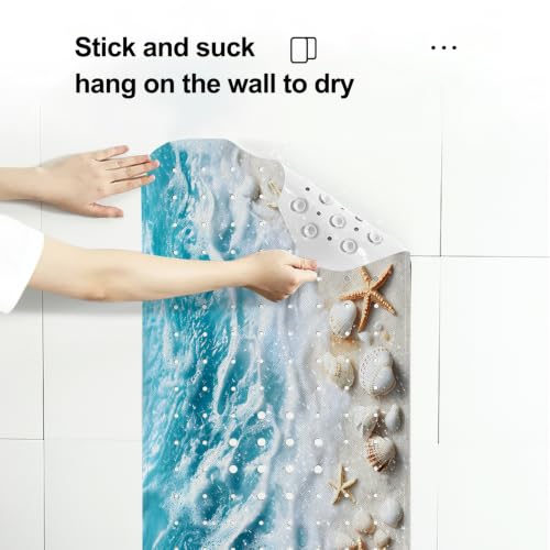 LNOND Summer Beach Bathtub Mat Non Slip, 40 X 16 Inch Tub Mat for Bathroom, Blue Waves Bath Tub Shower Mat with Drain Holes and Suction Cups - color: Blue Waves Bathtub Mat