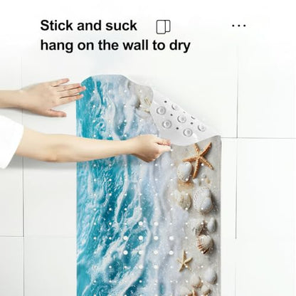 LNOND Summer Beach Bathtub Mat Non Slip, 40 X 16 Inch Tub Mat for Bathroom, Blue Waves Bath Tub Shower Mat with Drain Holes and Suction Cups - color: Blue Waves Bathtub Mat
