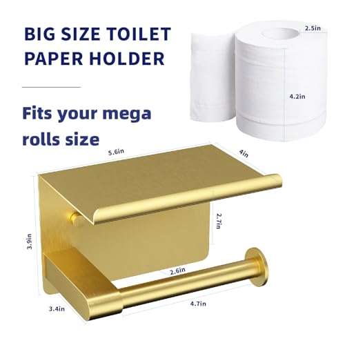 GLNLQ Brushed Gold Toilet Paper Holder Wall Mount, Fits Mega Rolls Size Rustproof Self Adhesive Brushed Brass Toilet Paper Holder Gold with Shelf | Fits Mega Rolls Size, Waterproof and Rustproof Stainless Steel, with Shelf Wall Mount Design, Thickened Thi