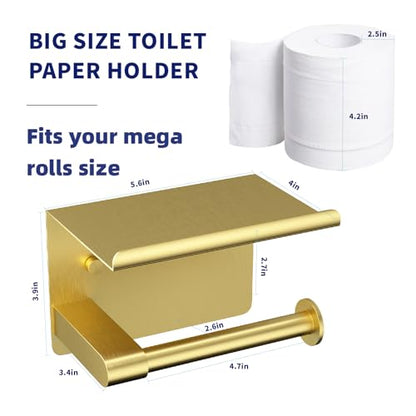 GLNLQ Brushed Gold Toilet Paper Holder Wall Mount, Fits Mega Rolls Size Rustproof Self Adhesive Brushed Brass Toilet Paper Holder Gold with Shelf | Fits Mega Rolls Size, Waterproof and Rustproof Stainless Steel, with Shelf Wall Mount Design, Thickened Thi