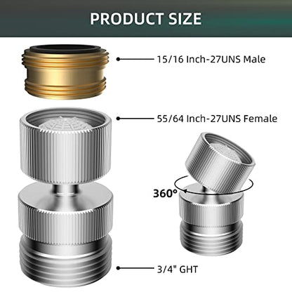 Metal Swivel Faucet Adapter, Sink Faucet to Garden Hose Adapter, Chrome | Hose to Sink Faucet Aerator Adapter, Flexible Hose Kink Protector 55/64 Inch Female Thread, Extra 15/16" Male Adapter