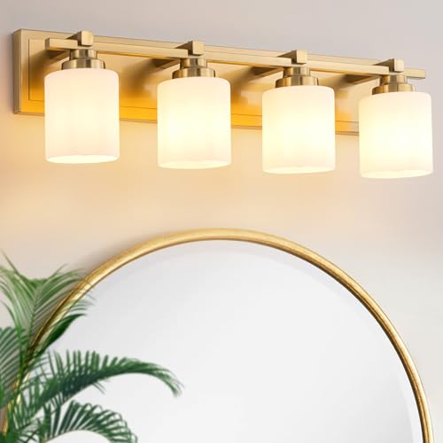 Modern Bathroom Light Fixtures Over Mirror, Vanity Lights for Bathroom Wall Sconces with Milky White Glass Shades, E26 Socket (Bulbs Not Included), 4 Light, Brass - color: Brass - Milky White Glass Shades, size: 4-Lights