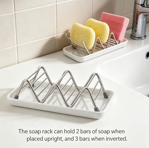 Heavy Weight 3.28oz Soap Dish with Removable Ceramic Drain Tray, 304 Stainless Steel Rustproof Self Draining Holder, Ideal for Regular Bar Soap, Bathroom Kitchen Sink, Creamy White Style No.1 - color: Creamy White