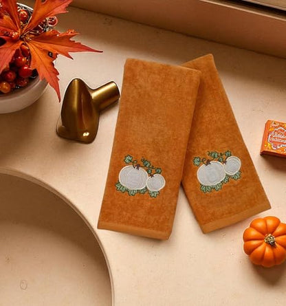 Serafina Home Harvest Fall Bathroom Guest Hand Embroidered Towels 2 Pc Set: Pumpkin Leaf Appliqué Design Bath Plush Rust Orange Towels, 100% Cotton, 16" x 25" Inches, Oeko-TEX Certified - color: Rust Pumpkins