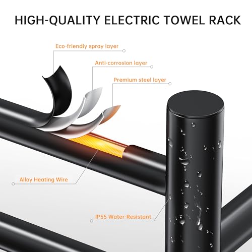 Towel Warmer Rack, Heated Towel Racks for Bathroom, Wall Mounted Towel Warmer, Stainless Steel 6-Bars Drying Rack with Intelligent Touch Screen Timer, Matte Black