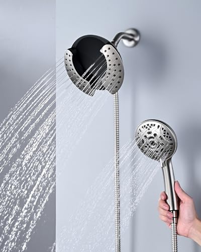 2 in 1 Shower Head with Handheld Combo High Pressure Nickel 1.8 GPM | 7.2" Rain Showerhead and 10 Spray Hand Held Shower, Adjustable Shower Angle, 59-inch Rotatable Stainless Steel Hose - color: Nickel, size: 1.8 GPM