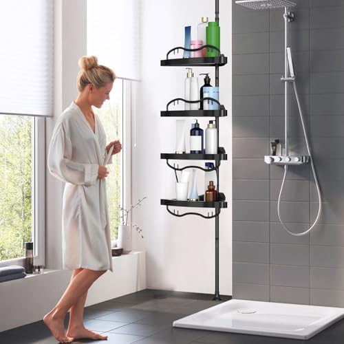 Black Corner Shower Caddy Tension Pole - Heavy Duty Rustproof Stainless Steel Shower Organizer with 4 Adjustable Shelves, No-Drill Free Standing for Bathroom, Bathtub, RV,54" to 114" Tall