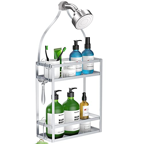 Meangood Shower Caddy, Silver Hanging Shower Caddy Organizer 10.4" x 4.5" x 22.04" Over Shower Head Big Capacity for Shampoo, Conditioner with Hooks for Razor/Sponge - color: Matte Silver