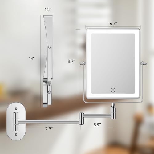 FASCINATE 8.7" 4500mAh Rechargeable Wall Mounted Makeup Mirror (Chrome) | Double Sided 1X 30X Rectangle Wall Mounted Magnifying Mirror with Light, 3 Color Setting, Extended Arm 360° Foldable - color: Chrome a