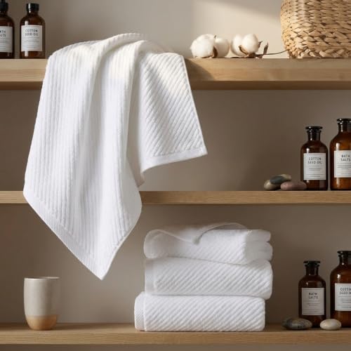 Cotton Bath Towel Set 500 GSM White Waffle Weave Diagonal Ribbed Towels for Bathroom Quick Dry Absorbent Washcloths Hand