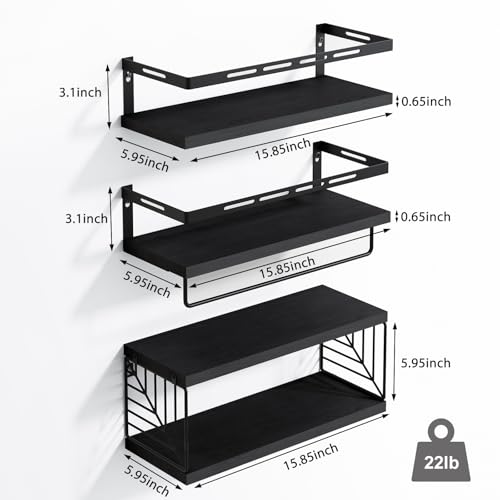 Fixwal Wall Mounted Bathroom Shelves Over Toilet (3+1 Black) | Wall Shelf with Basket Storage , Towel Bar, Solid Wood, 22Lb Capacity, Easy DIY Install - color: 5-black