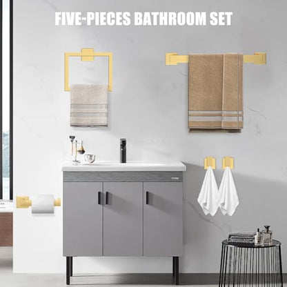 5 Piece Gold Towel Bar Set Bathroom Hardware Set Gold Bathroom Accessories Set with 2 Towel Hook, Stainless Steel Wall Mounted Bathroom Towel Rack Set Square 16-Inch - color: Brushed Gold, size: 16 IN