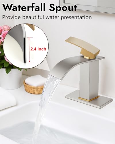 Midanya Waterfall Bathroom Faucet 1 Hole,Brushed Gold Handle/Brushed Nickel | with 24” Hoses,Pop Up Drain,6” Deck Plate,for 1 or 3 Hole Vanity,Lavatory,RV,Single Handle Bathroom Sink Faucet,NSF Certified - color: Gold Handle/Nickel