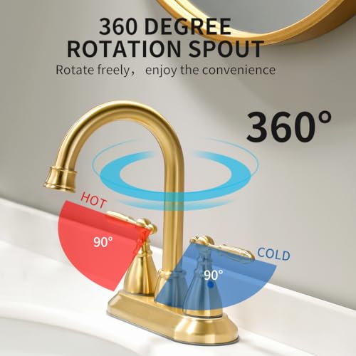 Brushed Gold Bathroom Faucet with Pop-up Drain Assembly, 2 Handles Centerset Bathroom Sink Faucet 4 Inch with 360° Swivel Spout, Stainless Steel Faucet for Vanity Sink with Water Supply Lines - color: Brushed Gold, size: 4 Inch