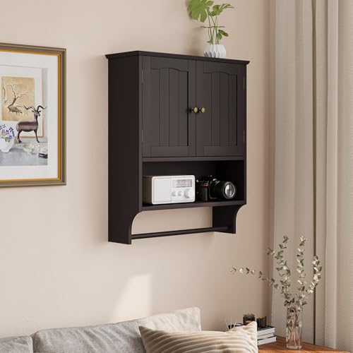 Smuxee Brown Wall Cabinet with Towel Bar - Medicine Cabinet with Adjustable Shelves, Over Toilet Cabinet for Laundry Room Kitchen - color: Brown Big With Towels Bar