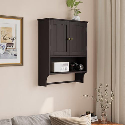 Smuxee Brown Wall Cabinet with Towel Bar - Medicine Cabinet with Adjustable Shelves, Over Toilet Cabinet for Laundry Room Kitchen - color: Brown Big With Towels Bar