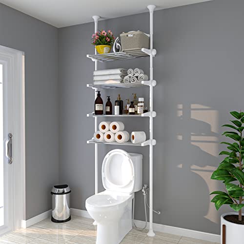 4-Tier Over The Toilet Storage Shelf, 4.5-9.5 FT Adjustable Bathroom Organizer, Heavy Duty Metal Shelves Above Behind Toilet Laundry, Space-Saving Shelving for Small Rooms, No Drill, White - color: White