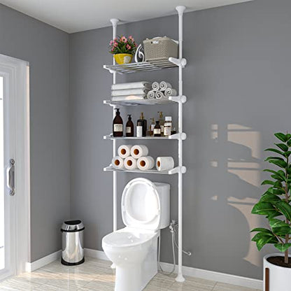 4-Tier Over The Toilet Storage Shelf, 4.5-9.5 FT Adjustable Bathroom Organizer, Heavy Duty Metal Shelves Above Behind Toilet Laundry, Space-Saving Shelving for Small Rooms, No Drill, White - color: White