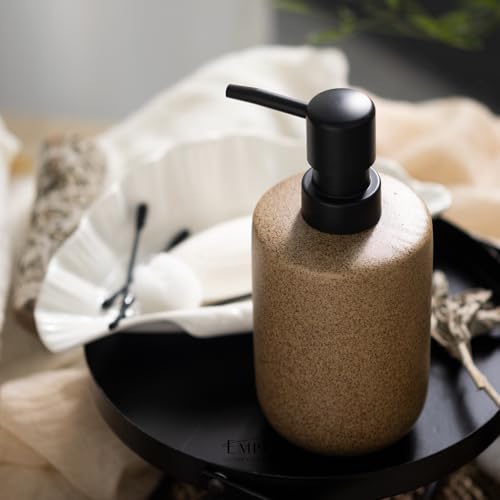 EMPO Ceramic Hand Soap Dispenser with Matte Black Pump, Stone-Textured Wabi-Sabi Liquid Dispenser for Bathroom Vanity and Kitchen Sink (350ml/11.83oz) - size: 350 ml