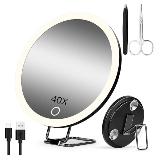 Travel Makeup Mirror with 40X Magnification, Magnifying Mirror with Suction Cups & Stand, 3 Color Dimmable LED Lights, 1200mAh Rechargeable for Detailed Eye Facial Makeup, Seniors with Low Vision - color: 40x -Black