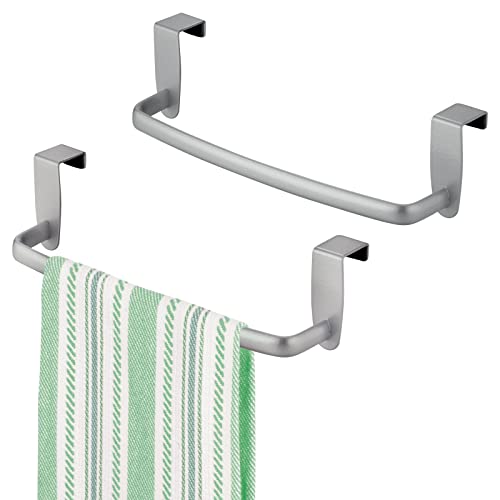 mDesign Steel Metal Wire Over Cabinet Towel Rack Storage Organizer - Hang on Cabinet or Door - Towel Bar Holder for Kitchen - Holds Hand Towels, Washcloths - Spira Collection, 2 Pack, Silver - color: Silver, size: Pack of 2