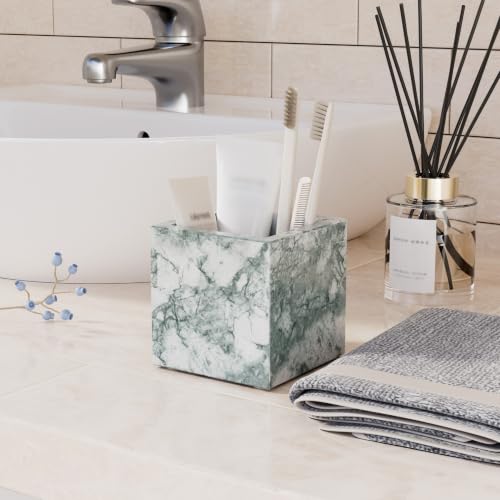Rectangular Toothbrush Holder,Pencil Cup,3.9x3.9x3.9in,Cyan Green | Marble Pen Holders with Natural Patterns,Makeup Brush Organizer with Anti Slip Foot Pads,Stone Utensil Container for Office - color: Cyan Green Texture