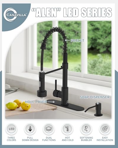 Black Kitchen Faucet with LED light,Kitchen Faucet with Soap Dispenser,Faucet for Kitchen Sink,Single Handle Stainless Steel Kitchen Sink Faucets with Pull Down Sprayer,Camper Farmhouse RV Sink Faucet - color: A-Matte Black, style: Rustic