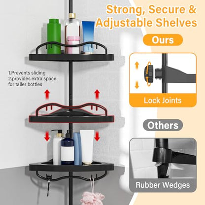 Black Corner Shower Caddy Tension Pole - Heavy Duty Rustproof Stainless Steel Shower Organizer with 4 Adjustable Shelves, No-Drill Free Standing for Bathroom, Bathtub, RV,54" to 114" Tall