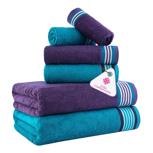 CASA COPENHAGEN He & She 6Pcs 100% Egyptian Cotton Large Designer Towels Gift Set- Indigo - Cyan, 550GSM, 2Bath 2Hand 2Washcloths, Bath Towels for Bathroom (Gift Set for Women & Men) - color: He & She 6pcs Towel Set Indigo - Cyan, size: 6Pcs Towel Set
