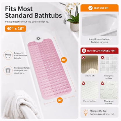 Yimobra Non Slip Bathtub Mat 40 x 16 Inch, Extra Long Shower Mat with Drain Holes, Machine Washable Baby Bath Mats, Strong Suction Cups for Bathroom Floor, Pink - color: Pink