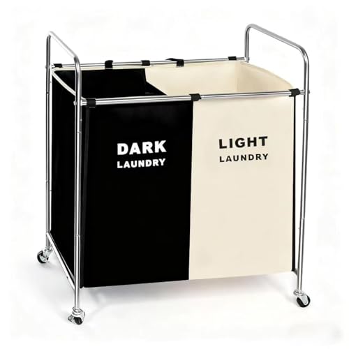 Double Compartment Rolling Laundry Sorter Cart with Wheels, Dark and Light Separation Hamper, Chrome Frame, Mobile Clothes Storage Organizer(Black+white, 2 Sections)