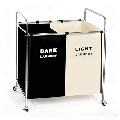 Double Compartment Rolling Laundry Sorter Cart with Wheels, Dark and Light Separation Hamper, Chrome Frame, Mobile Clothes Storage Organizer(Black+white, 2 Sections)