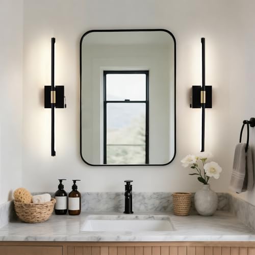 24 Inch Black and Gold Bathroom Vanity Light with Pull Chain Switch, Modern Over Mirror Wall Sconces Lighting, 6000K 360° Bath Light Fixture with Adjustable Lamp Tubes
