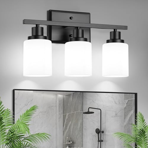 Ascher Bathroom Light Fixtures, 3-Light Vanity Light Over Mirror, Modern Matte Black Wall Sconces with Milky White Shades, Wall Lamp for Kitchen Hallway Cabinet Porch E26 Base - color: Black & Milky White Glass, size: 3 Light