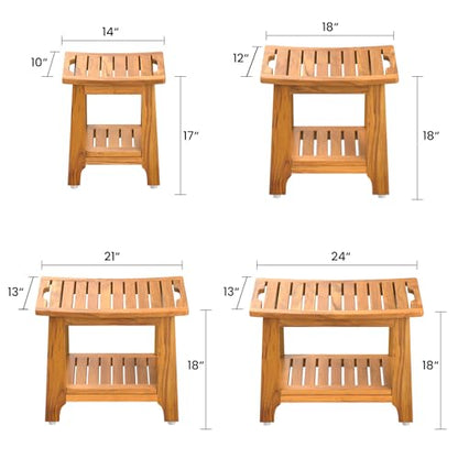 NNN 14" Compact Teak Shower Stool with Japan-Made Non-Slip Leveling Feet | US Patented Design, Marine-Grade Hardware, Pre-Oiled European Teak Oil, Ready, 300lb, for Small Baths Tubs & Outdoor Pools - size: 14"W x 10" Dx 17"H