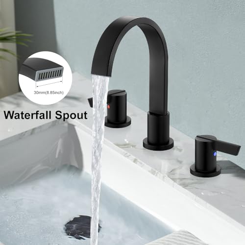 Midanya 8 Inch Widespread Bathroom Sink Faucet 3 Hole,Matte Black | Waterfall Swivel Spout,2 Handle,SUS304,with Pop Up Drain,cUPC 24" Water Hose,for 6-16” hole distance vanity,RV,Farmhouse Sink - color: Black