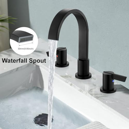 Midanya 8 Inch Widespread Bathroom Sink Faucet 3 Hole,Matte Black | Waterfall Swivel Spout,2 Handle,SUS304,with Pop Up Drain,cUPC 24" Water Hose,for 6-16” hole distance vanity,RV,Farmhouse Sink - color: Black
