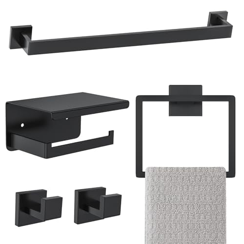 Matte Black Bathroom Hardware Accessories Set 5-Pieces Black Towel Bar Set Stainless Steel Towel Holder Set 16 Inch Towel Bar,Towel Racks Set for Bathroom Wall Mounted - color: Matte Black