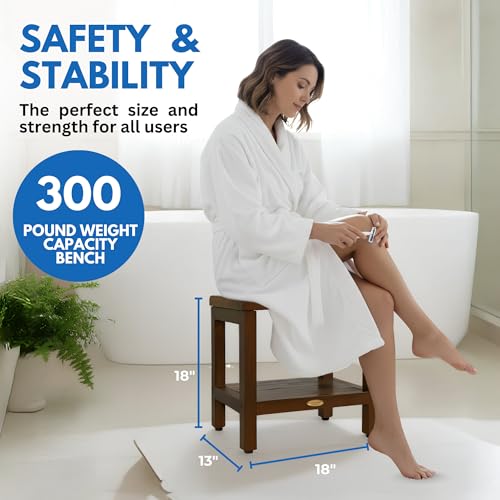 DecoTeak Eleganto 18" Teak Shower Bench with Shelf, Waterproof Stool | Shower bench with adjustable feet and non-slip rubber pads provides stable support on wet or uneven shower floors - size: 18" Length x 14" Width x 18" Height
