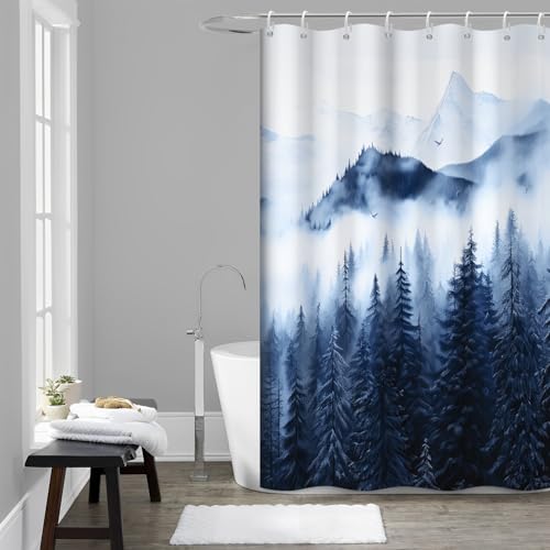 Navy Blue Forest Shower Curtain for Bathroom 60x72 Inch | Waterproof Nature Foggy Mountain Shower Curtain Set with Hooks, Soft Bathroom Decor, Machine Washable - color: Blue, size: 60"W x 72"L (Pack of 1)
