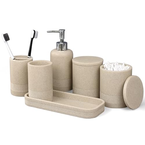 LIN CHUAN 6-Piece Bathroom Accessories Set, Bathroom Organizer, Beige | Includes soap dispenser, toothbrush holder, vanity tray, tumbler, and 2 cotton swab jars for bathroom organization set. - color: Beige