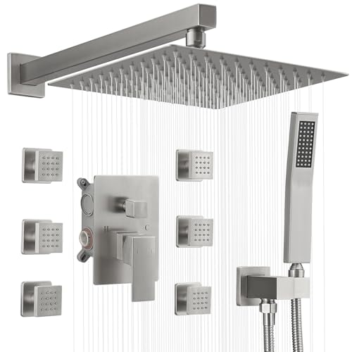 BWE 10 Inch Brushed Nickel 3-Faction Wall Mounted Bathroom Shower System | Brass,Rainfall Shower Head,Handheld Shower Head,Pressure Balance Valve,6 Body Spray Jets,Escutcheon Plate,Easy Installation - color: Brushed Nickel, size: 10 Inch-with Body Jets