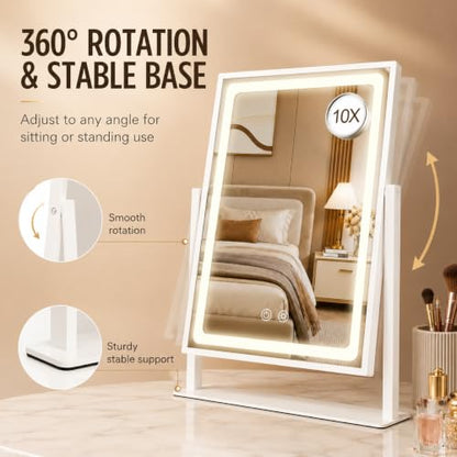 Vanity Mirror with Lights - 13.78"× 10.23" Adjustable Lighted Makeup Mirror for Desk, Detachable 10X Magnification Mirror, Touch Sensor, Desk Mirror for Bedroom & Dressing Room (White)