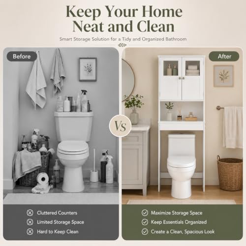 Bonnlo Over the Toilet Storage Cabinet with Adjustable Shelf White Bathroom Floor Organizer Space Saver with Double Doors, 67" Height
