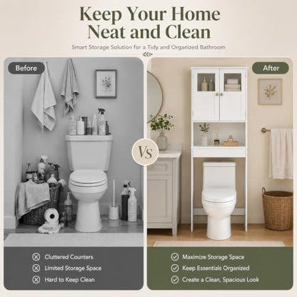 Bonnlo Over the Toilet Storage Cabinet with Adjustable Shelf White Bathroom Floor Organizer Space Saver with Double Doors, 67" Height