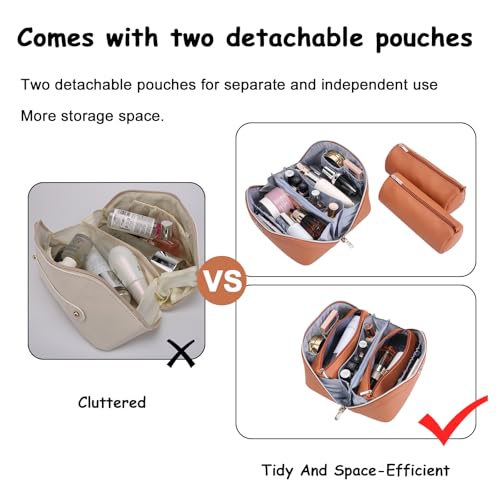 BOYATU Travel Makeup Bag Organizer Cosmetic Bag: 3 Pcs Set Make up Bags for Women with Handle - Waterproof Vegan Leather Toiletry Bags Travel Essentials Pouch with Compartments (C-02-Brown) - color: 04-B-Brown