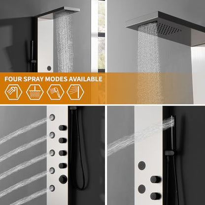 Shower Wall Panel Rainfall Bathroom Shower Tower with 4-Functions, Rainfall Body Massage, Wall Mount Brushed Nickel - color: Brushed Nickel