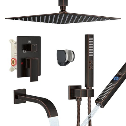 Oil Rubbed Bronze Shower System with Tub Spout, Ceiling Mounted Bathtub Shower Faucet Set, 12" Rainfall Shower Head and Handheld Shower Combo, High Pressure Shower Fixtures Set with Rough-in Valve - color: Oil Rubbed Bronze, style: 12" Ceiling Mounted Sho